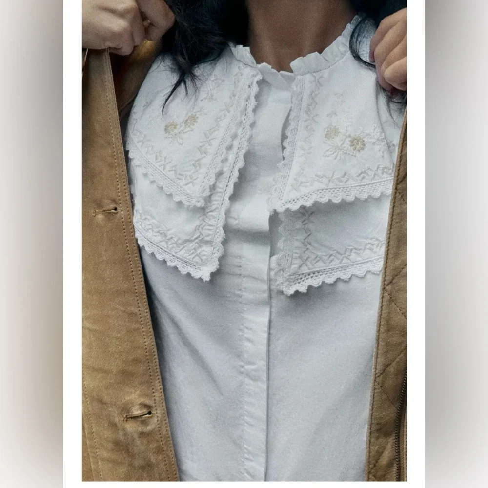 Zara Embroidered Peter Pan Collar Poplin Blouse Shirt - NWT - Picture 3 of 9